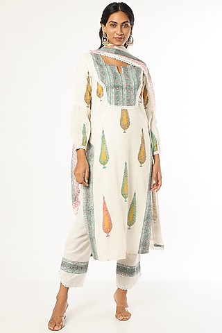 White Cotton Block Printed Kurta Set by Firann by Shaheen