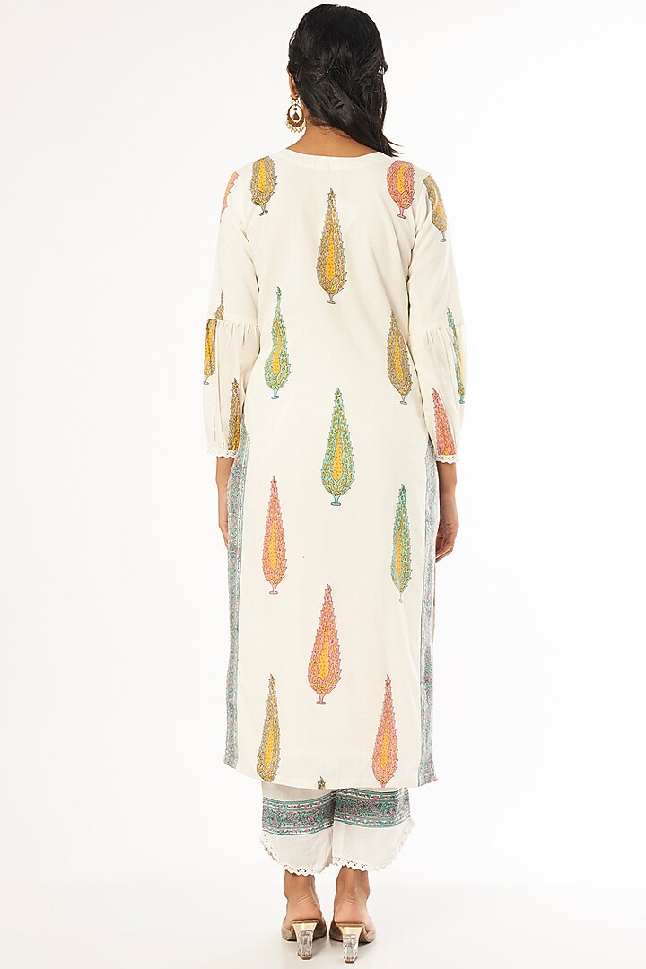 White Cotton Block Printed Kurta Set by Firann by Shaheen at Pernia's Pop Up Shop