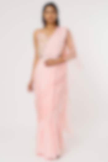 Pink Chinnon & Organza Silk Draped Saree Set by Firann by Shaheen