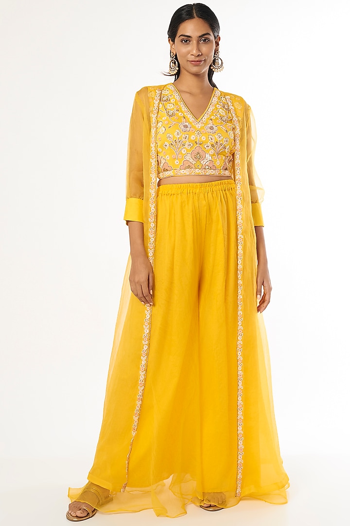 Bright Yellow Chiffon Tiered Skirt Set by Firann by Shaheen