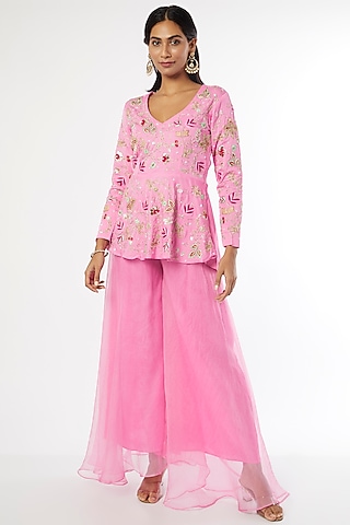 Bright Pink Organza Silk Sharara Set by Firann by Shaheen