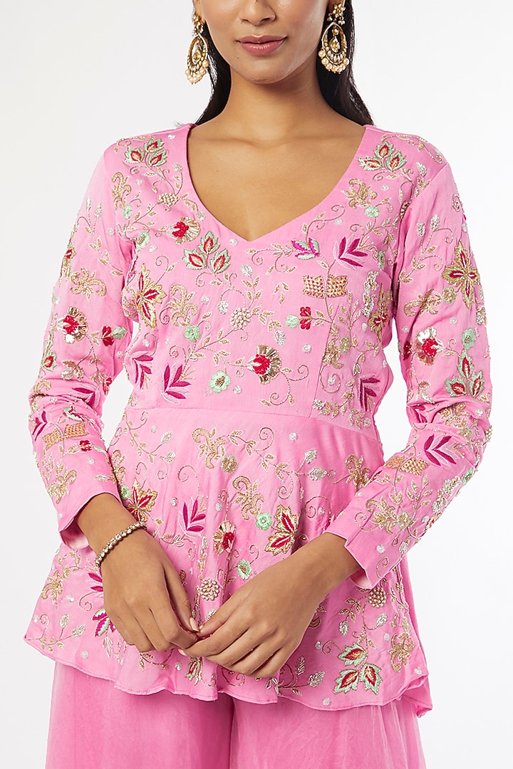 Bright Pink Organza Silk Party Wear Sharara Set by Firann by Shaheen at Pernia's Pop Up Shop