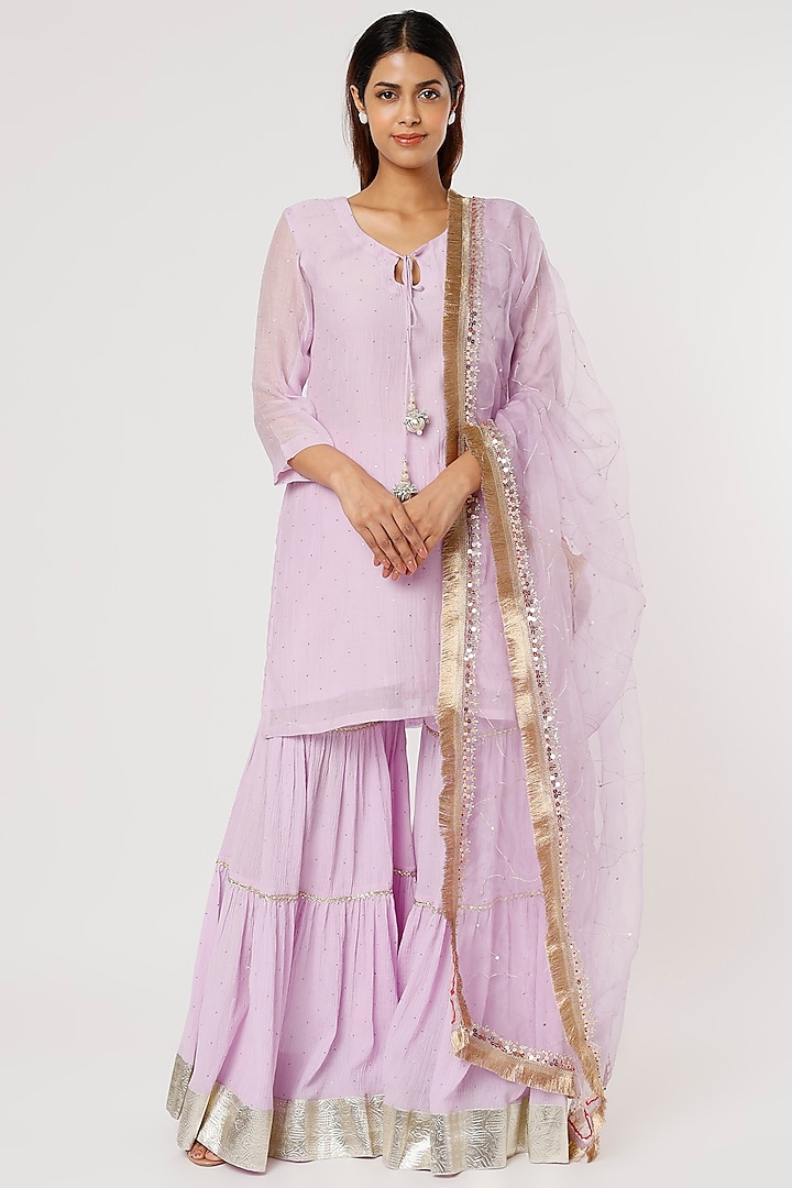 Lilac Cotton Crush Mukaish Sharara Set by Firann by Shaheen