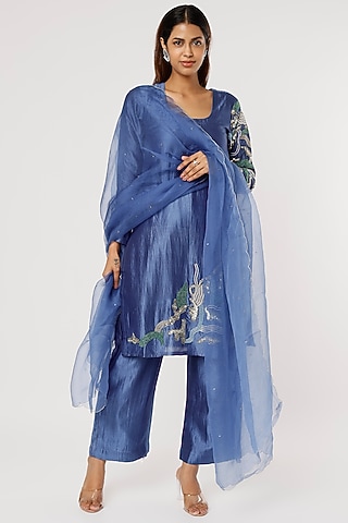 Cobalt Blue Hand Embroidered Kurta Set by Firann by Shaheen