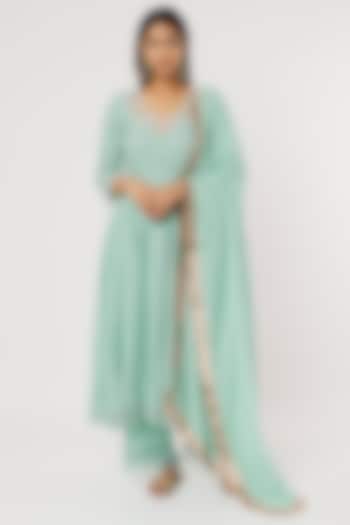 Blue Hand Embroidered Party Wear Anarkali Set by Firann by Shaheen at Pernia's Pop Up Shop