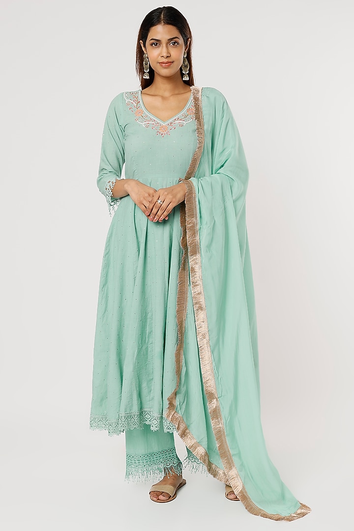 Blue Hand Embroidered Party Wear Anarkali Set by Firann by Shaheen at Pernia's Pop Up Shop