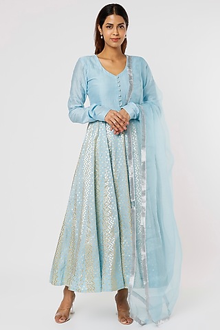Blue Chanderi Mukaish Anarkali Set by Firann by Shaheen