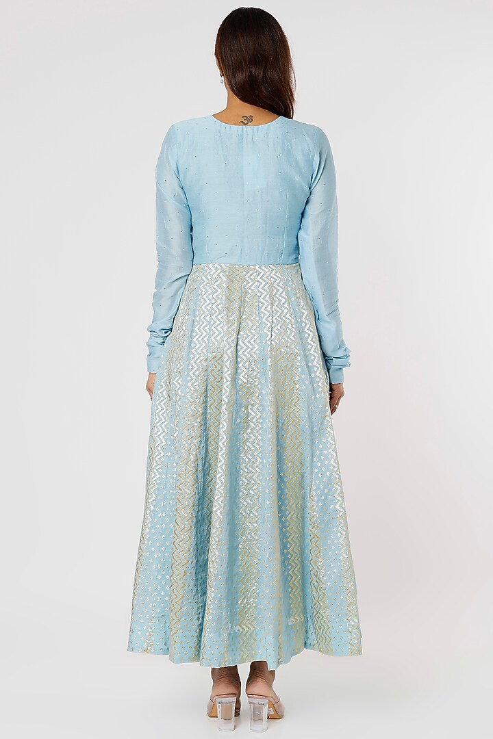 Blue Chanderi Mukaish Party Wear Anarkali Set by Firann by Shaheen at Pernia's Pop Up Shop