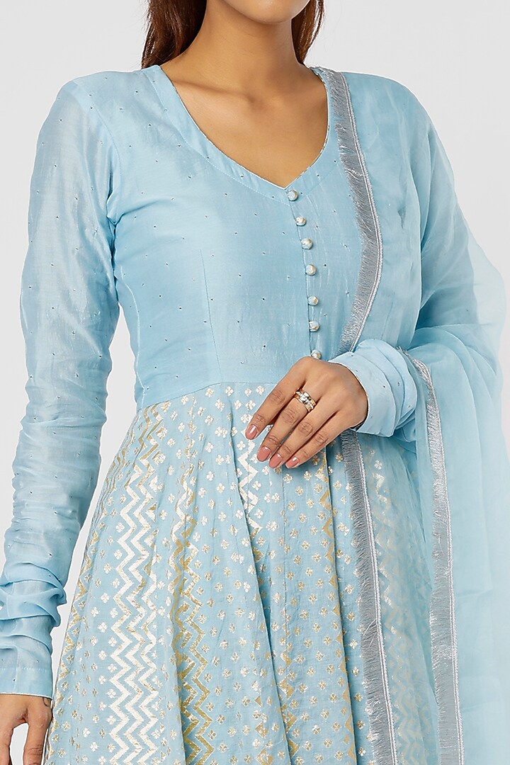 Blue Chanderi Mukaish Party Wear Anarkali Set by Firann by Shaheen at Pernia's Pop Up Shop