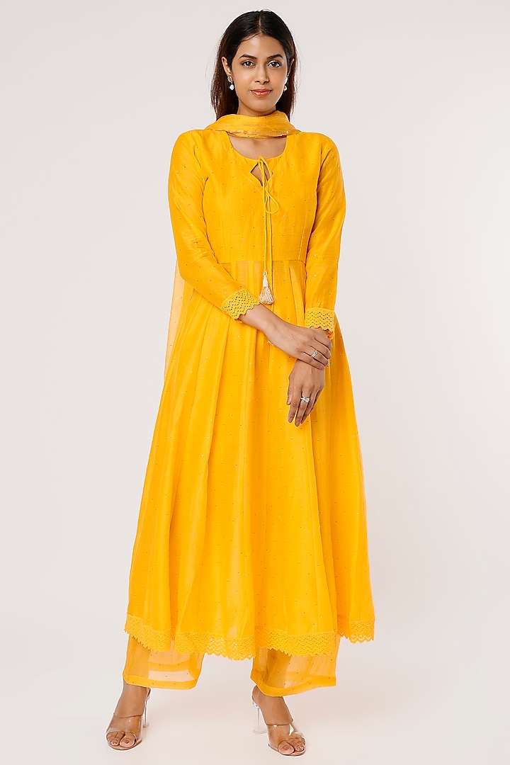 Bright Yellow Chanderi Silk Mukaish Anarkali Set by Firann by Shaheen