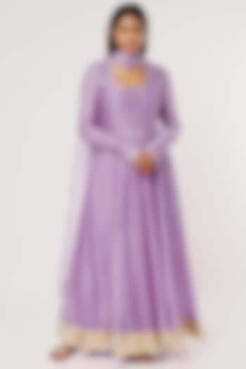 Lilac Chanderi Silk Mukaish Anarkali Set by Firann by Shaheen