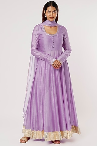 Lilac Chanderi Silk Mukaish Anarkali Set by Firann by Shaheen