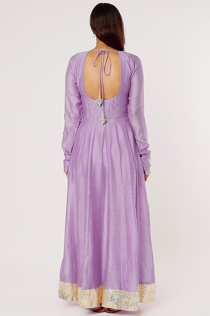 Lilac Chanderi Silk Mukaish Party Wear Anarkali Set by Firann by Shaheen at Pernia's Pop Up Shop