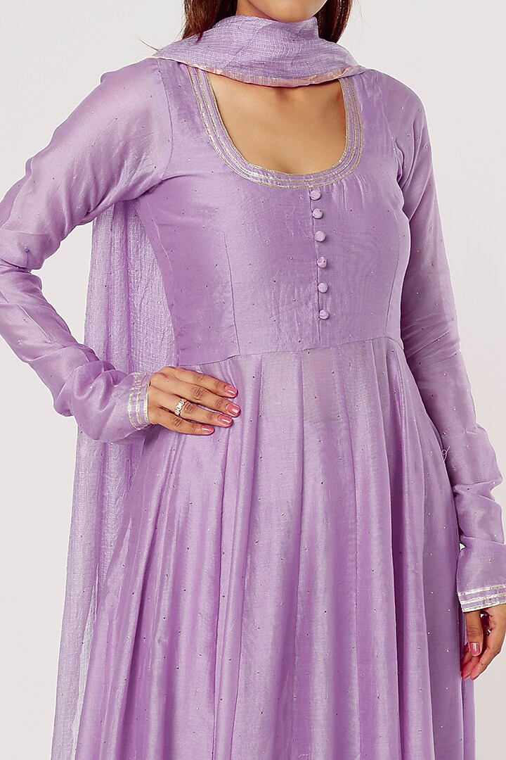 Lilac Chanderi Silk Mukaish Party Wear Anarkali Set by Firann by Shaheen at Pernia's Pop Up Shop