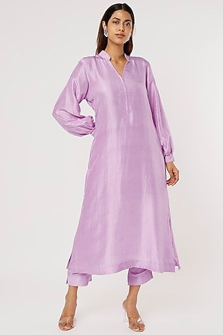 Lavender Pure Silk A-Line Kurta Set by Firann by Shaheen