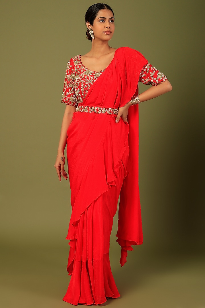 Red Chinnon Ruffled Saree Set by Firann by Shaheen at Pernia's Pop Up Shop