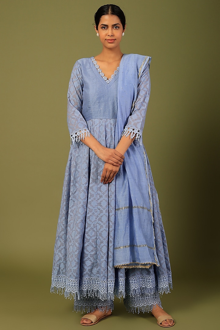 Blue Chanderi Anarkali Set by Firann by Shaheen at Pernia's Pop Up Shop