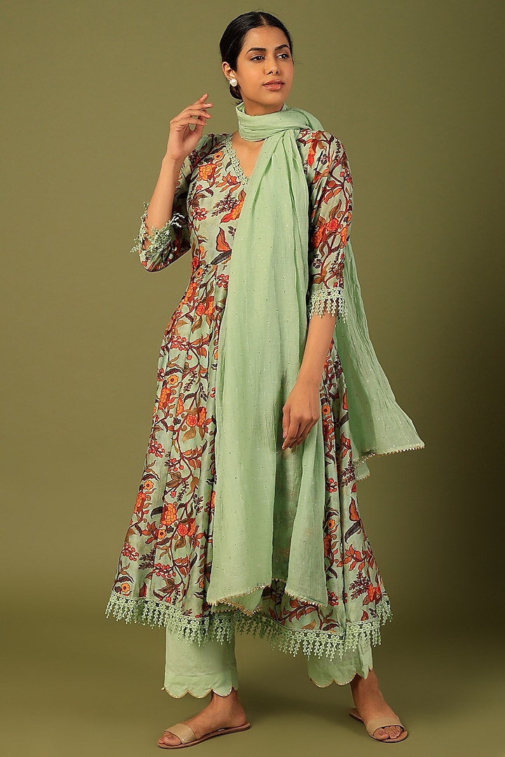 Pista Green Kalamkari Anarkali Set by Firann by Shaheen at Pernia's Pop Up Shop