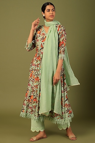 Pista Green Kalamkari Anarkali Set by Firann by Shaheen