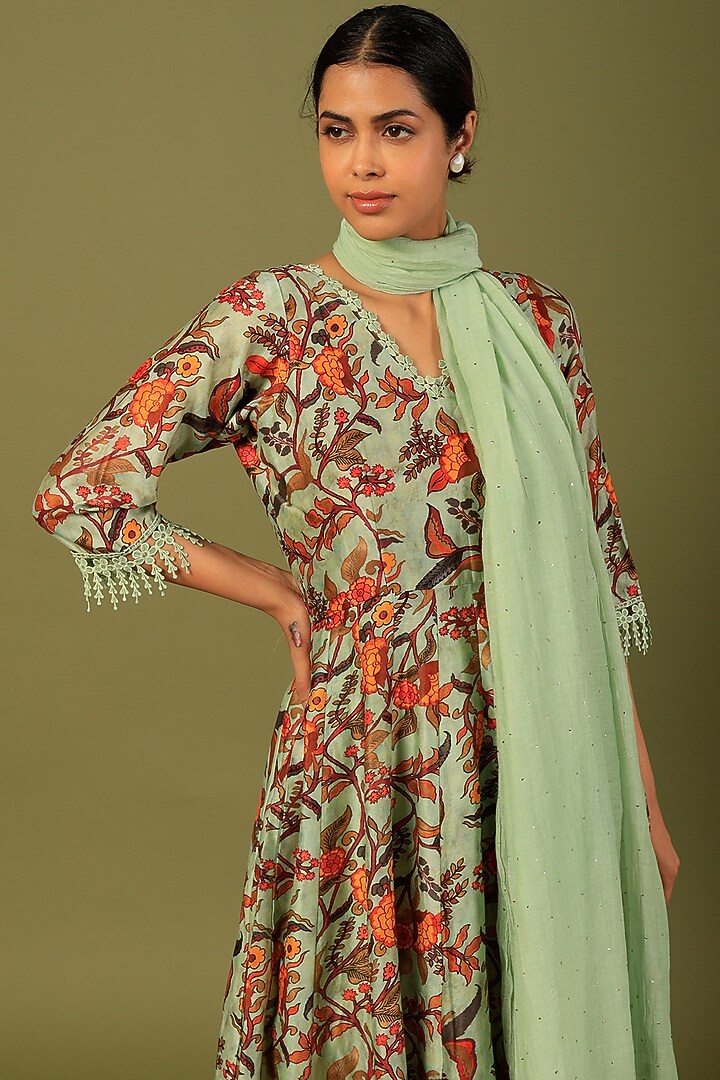 Pista Green Kalamkari Party Wear Anarkali Set by Firann by Shaheen at Pernia's Pop Up Shop