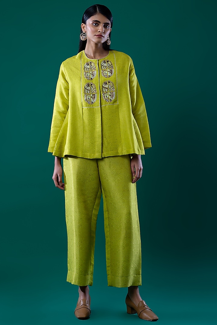 Lime Green Hand Embroidered Pants by FEBo6