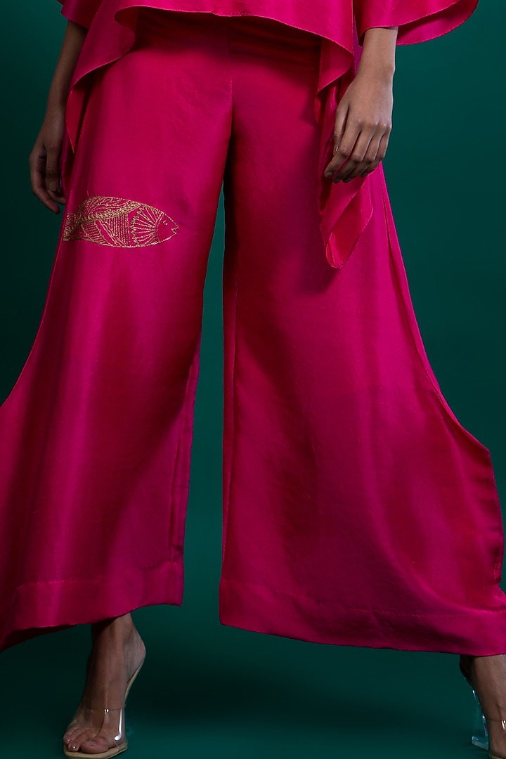Hot Pink Hand Embroidered Flared Pants by FEBo6 at Pernia's Pop Up Shop