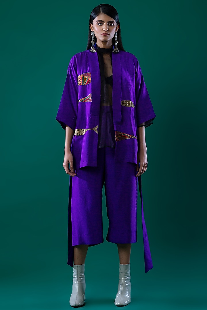 Violet Silk Hand Embroidered Kimono Jacket by FEBo6