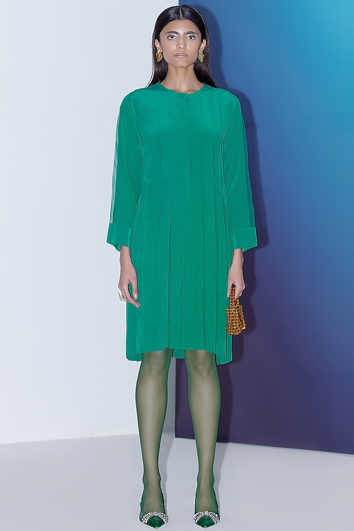 Emerald Green Pure Silk Pleated Dress by FEBo6