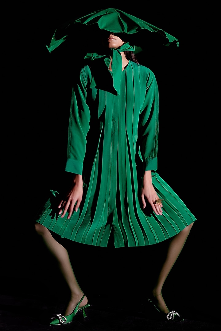Emerald Green Pure Silk Pleated Summer Dress by FEBo6 at Pernia's Pop Up Shop