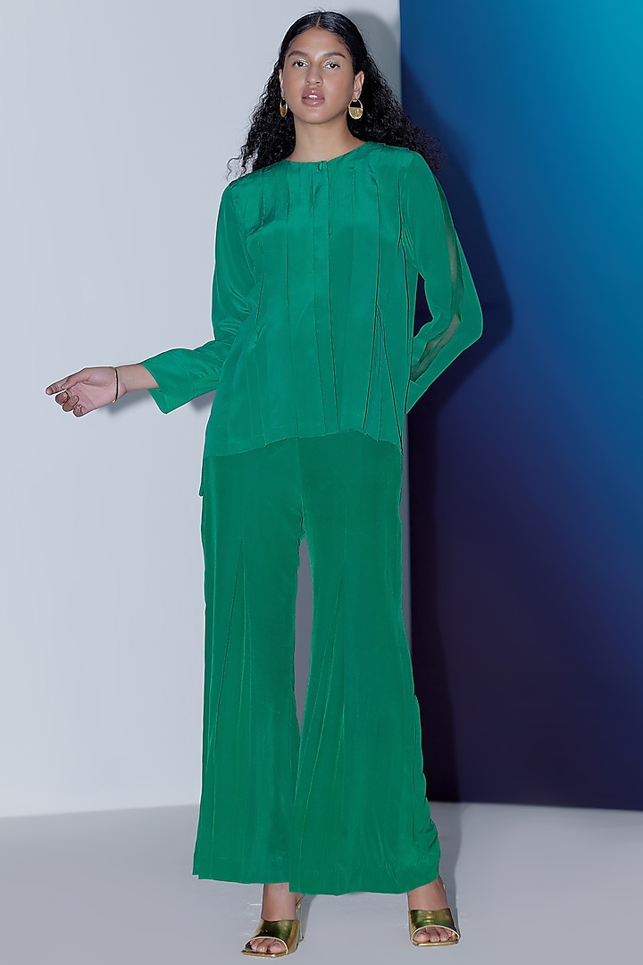 Emerald Green Silk Pleated Co-Ord Set by FEBo6