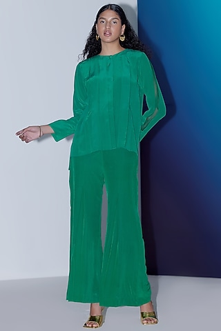 Emerald Green Silk Pleated Co-Ord Set by FEBo6