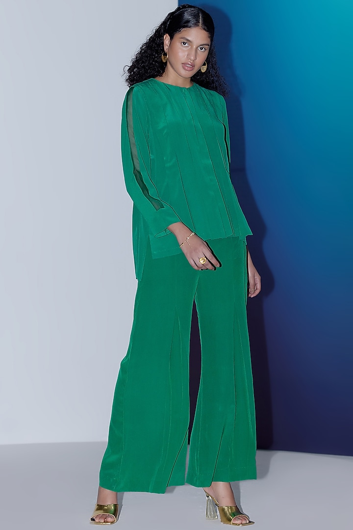 Emerald Green Silk Pleated Co-Ord Set by FEBo6 at Pernia's Pop Up Shop