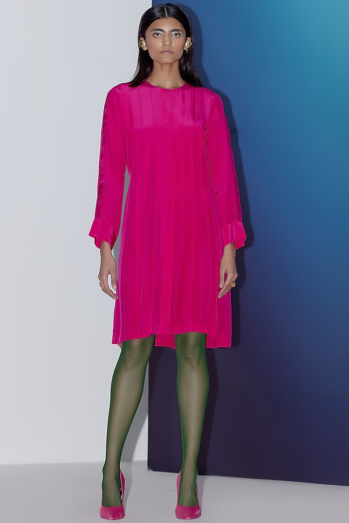Hot Pink Pure Silk Pleated Dress by FEBo6
