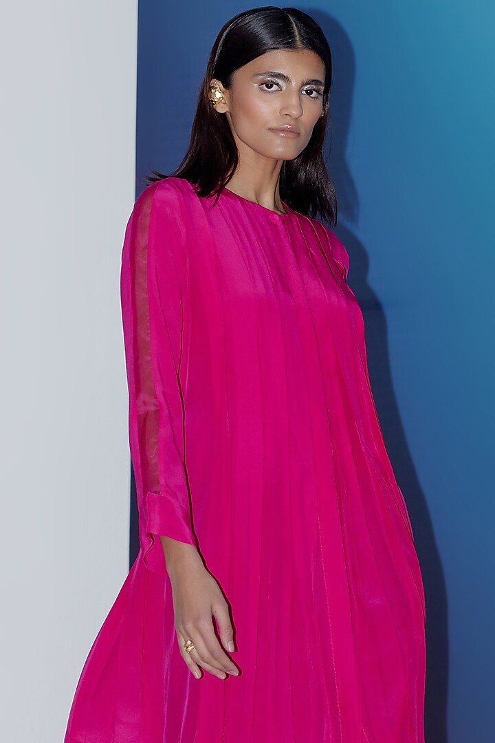 Hot Pink Pure Silk Pleated Summer Dress by FEBo6 at Pernia's Pop Up Shop