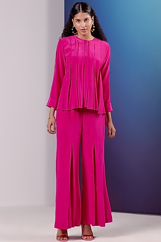 Hot Pink Silk Pleated Co-Ord Set by FEBo6