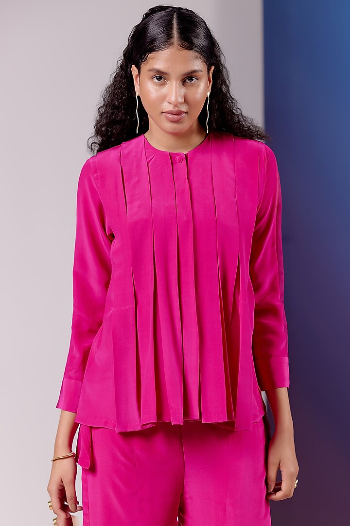 Hot Pink Silk Pleated Co-Ord Set by FEBo6 at Pernia's Pop Up Shop