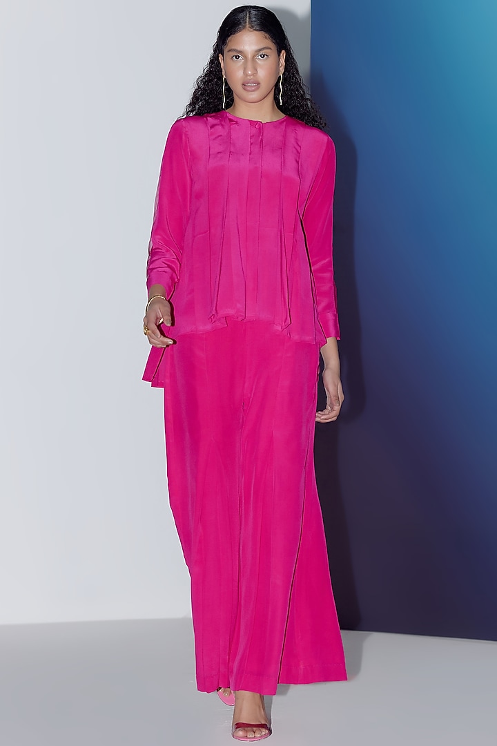 Hot Pink Silk Pleated Co-Ord Set by FEBo6 at Pernia's Pop Up Shop