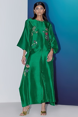 Green Silk Embellished Co-Ord Set by FEBo6