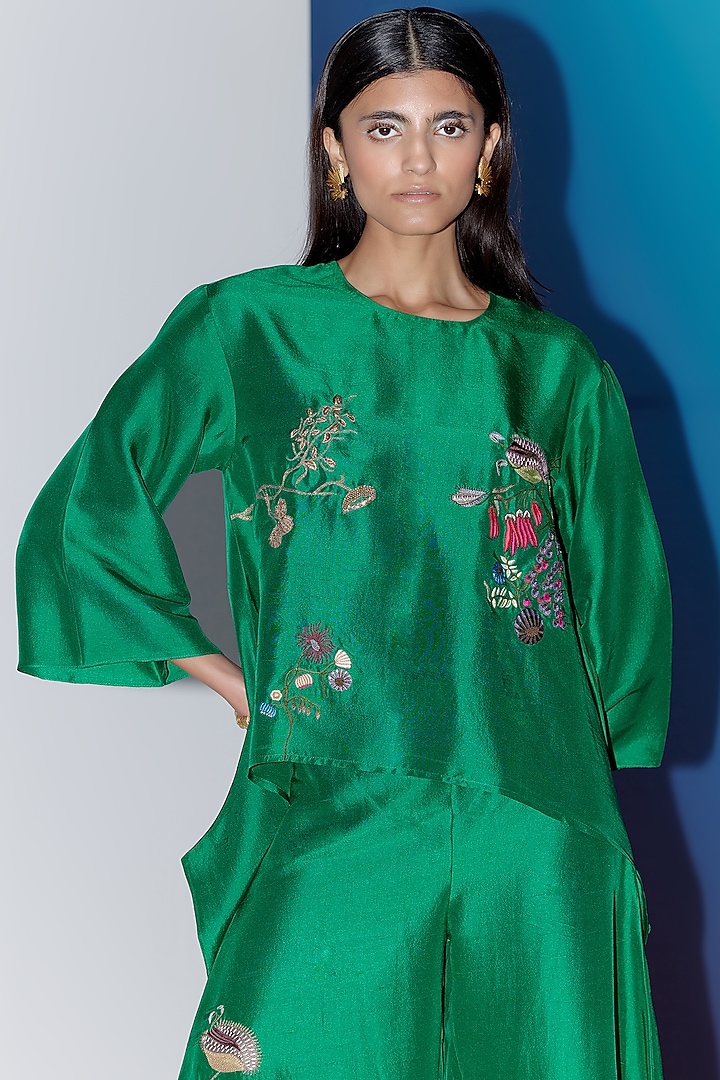 Green Silk Embellished Co-Ord Set by FEBo6 at Pernia's Pop Up Shop