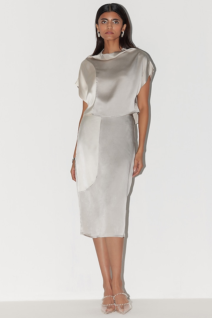Ivory & Light Grey Silk Satin Skirt Set by FEBo6