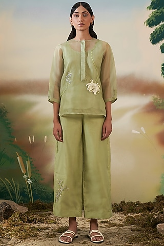 Cucumber Green Silk Organza Trousers by FEBo6