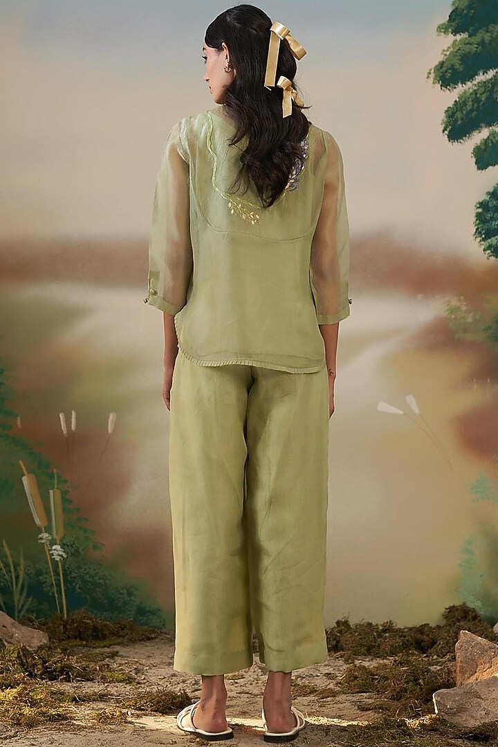 Cucumber Green Silk Organza Trousers by FEBo6 at Pernia's Pop Up Shop