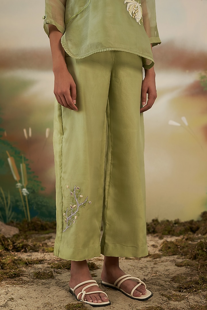 Cucumber Green Silk Organza Trousers by FEBo6 at Pernia's Pop Up Shop