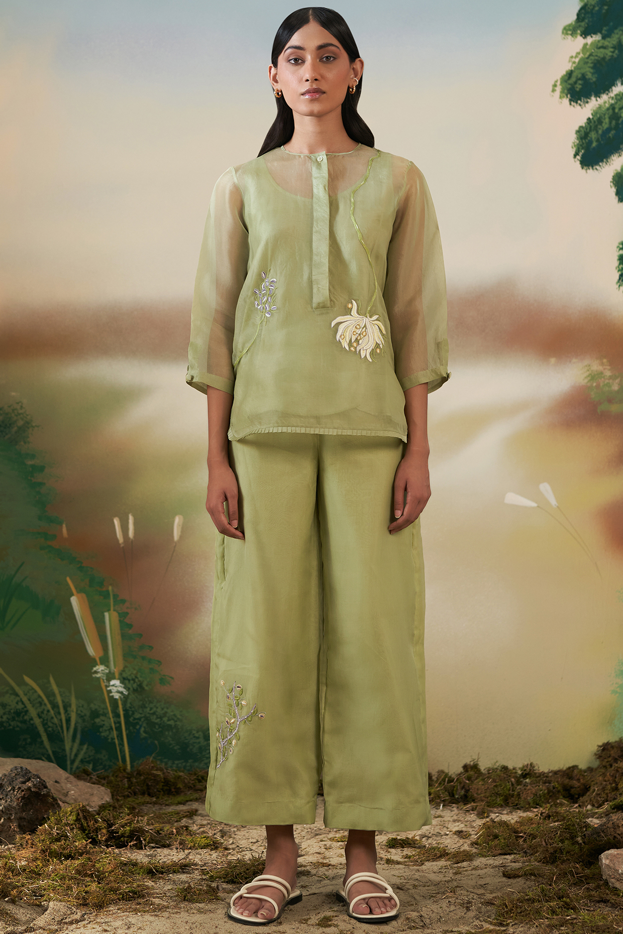 Cucumber Green Pant Set In Silk Organza by FEBo6 at Pernia's Pop Up Shop