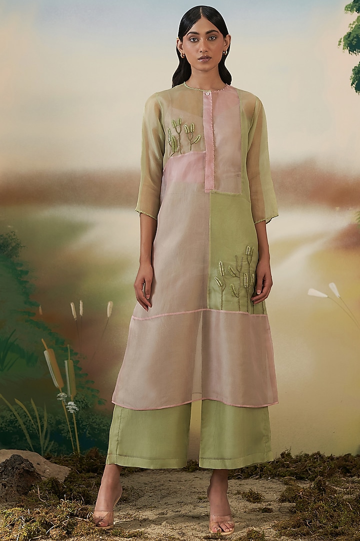 Dusk Pink & Cucumber Green Hand Embroidered Kurta Set by FEBo6