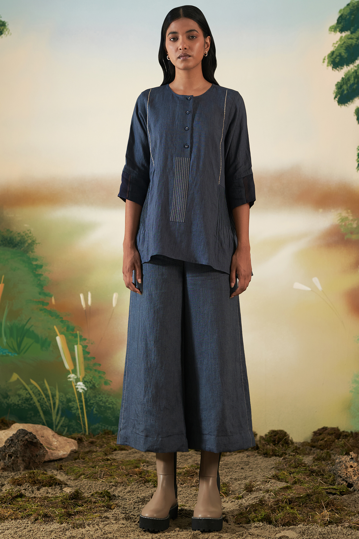 Navy Blue Linen Culottes Set by FEBo6