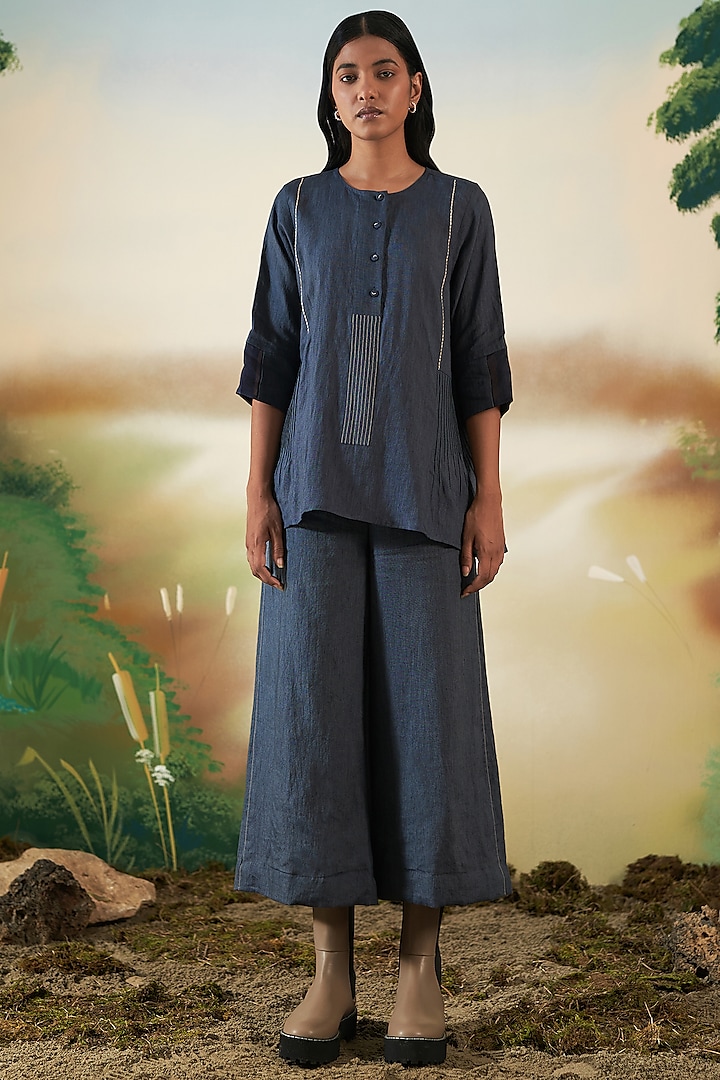 Navy Blue Linen Culottes Set by FEBo6