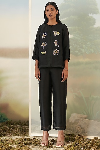 Black Hand Embroidered Jacket Set by FEBo6