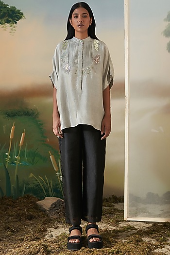 Light Grey Hand Embroidered Kaftan Top by FEBo6 at Pernia's Pop Up Shop