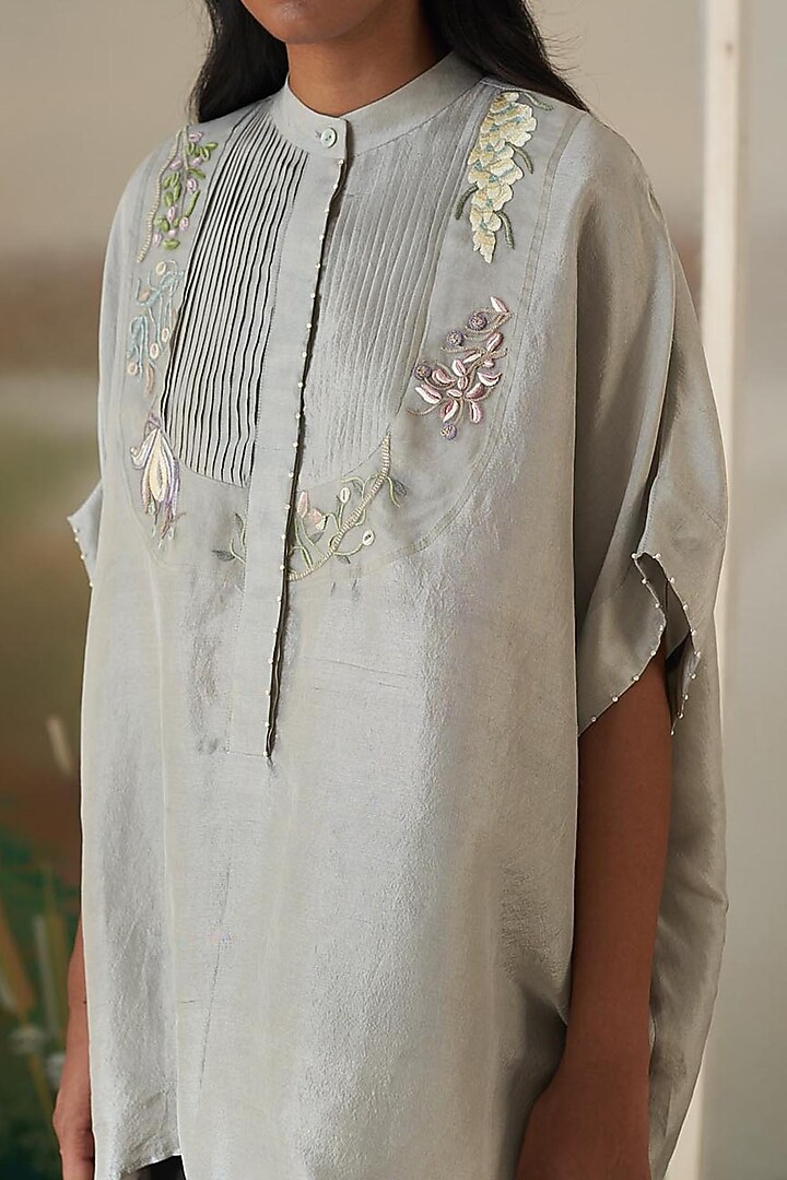 Light Grey Hand Embroidered Kaftan Top by FEBo6 at Pernia's Pop Up Shop